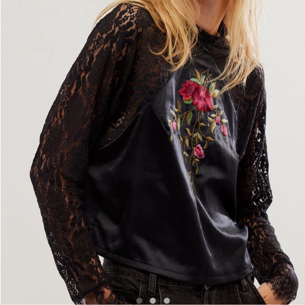 Free People Black Romance Top Blouse Sheer Lace Sleeves Embroidered Flowers M